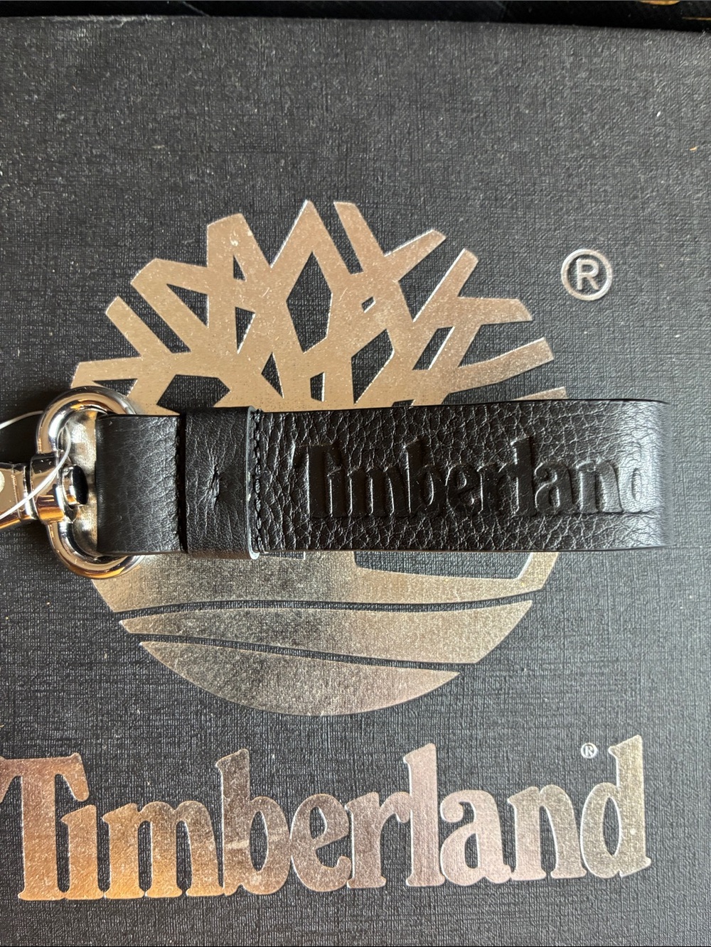 Timberland Black Embossed Leather Key Holder with Metal Clip